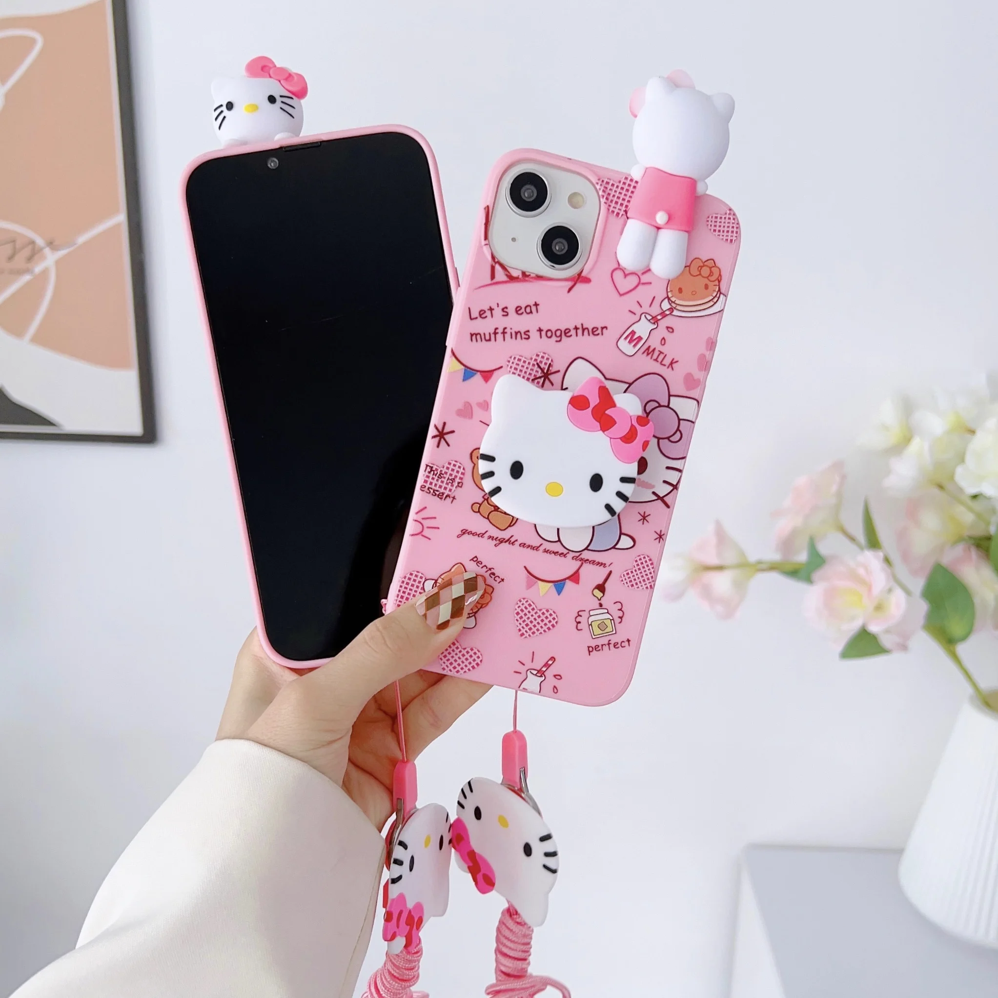 For Samsung Galaxy S7 Edge S8 S9 S10 S20 S21 S22 S23 Plus Ultra S21FE Note 9 10 20 Hello Kitty Phone Case With Holder Rope