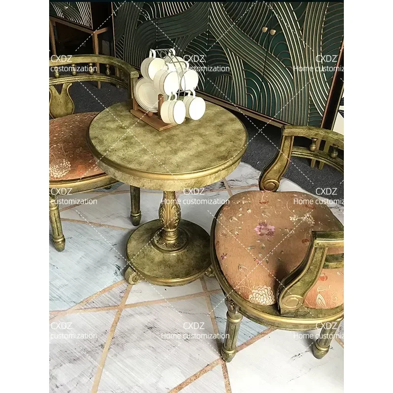 Solid Wood Round Negotiation Table with Single Sofa Armchair Retro Living Room Casual 3 Piece Set