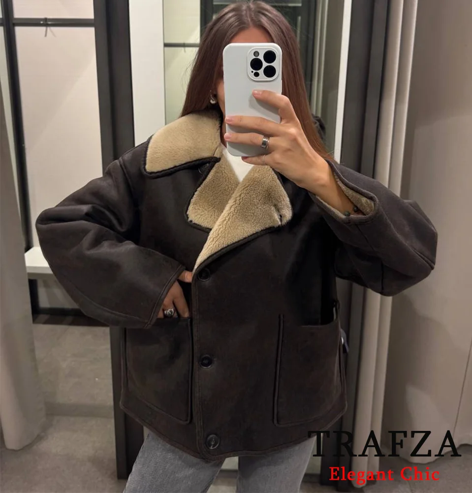 TRAFZA Women Fall Winter Fleece Coat Vintage Lapel Coat New 2024 Fashion Retro Loose Fleece Coat Single-Breasted leather Jacket