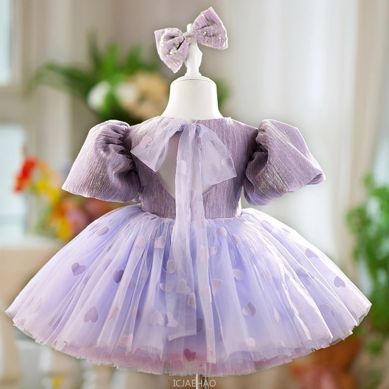 Vestido de fiesta 2025, trajes morados para niñas y niños, ropa Formal para niños pequeños, vestidos de cumpleaños para niños, vestido de princesa de tul con manga de burbuja y lazo