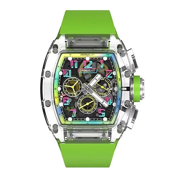 

Мужские часы-хронограф CRONUSART, корпус «тонно» 50 мм, механические наручные часы, сапфировое стекло, светящийся флуорорезиновый ремешок, циферблат-скелетон