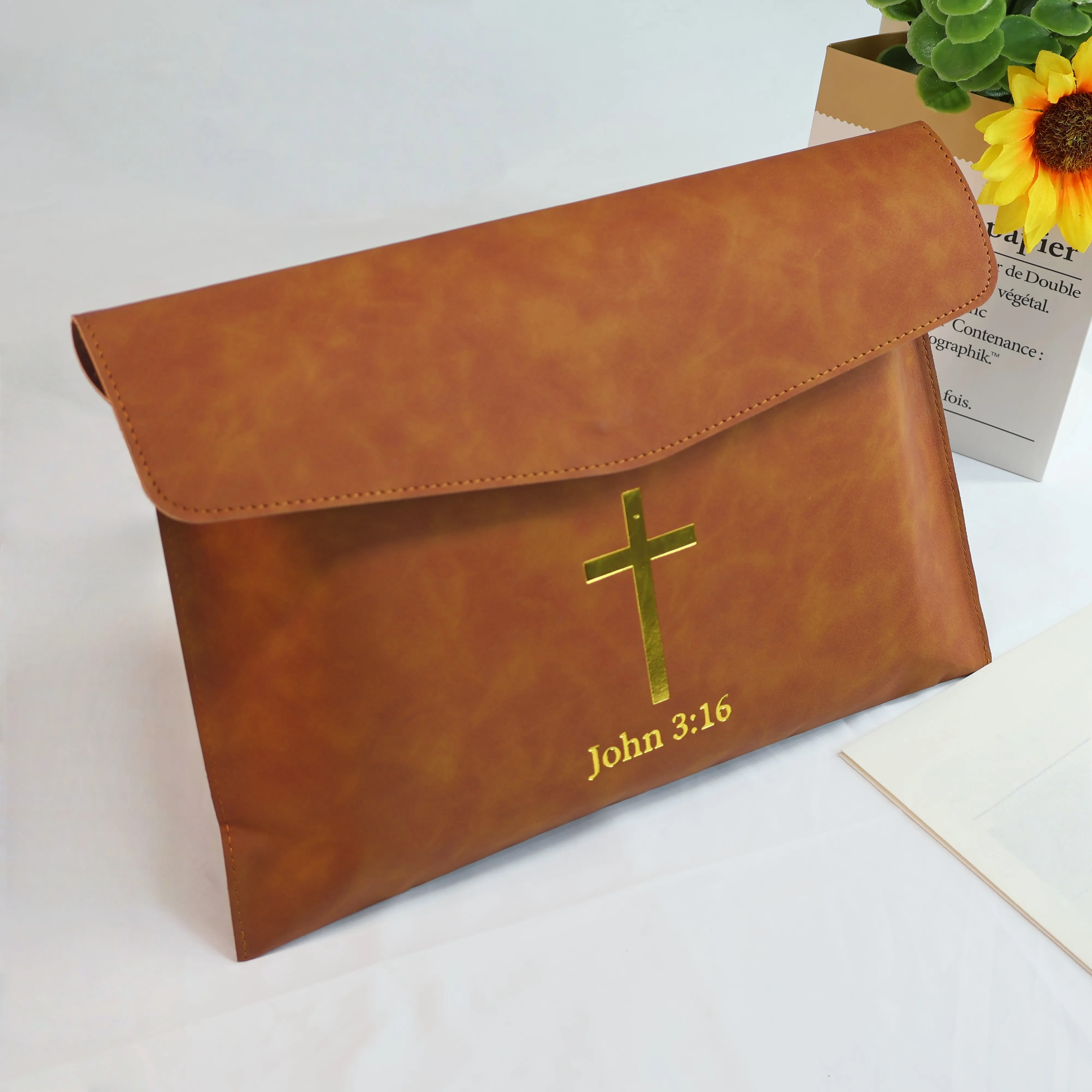 Pu Leather Bible Cover with Cross John 3:16, Christian Holy Bible Case & Church Document Organizer, Portable Religious Gift Bag