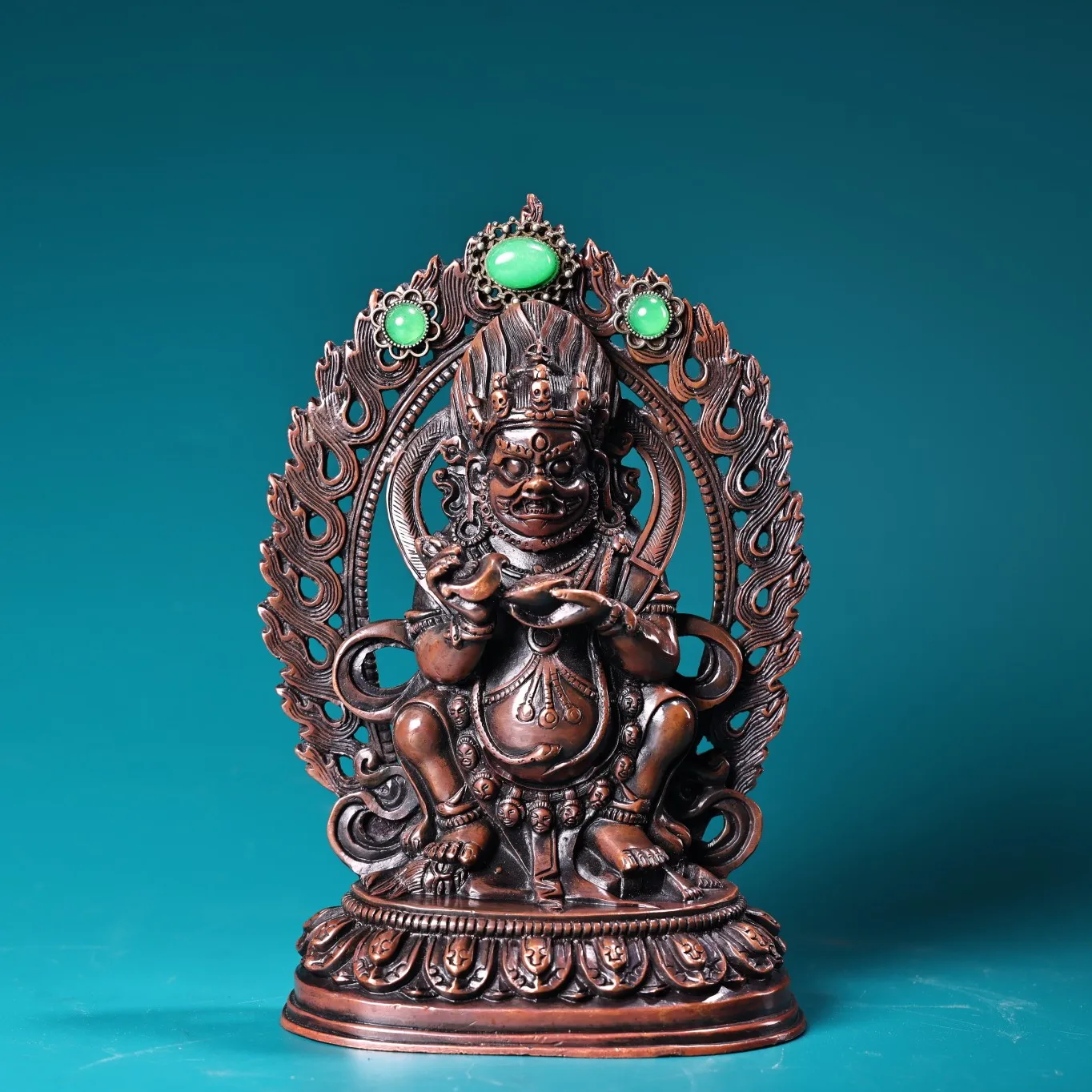 

7"Tibetan Temple Collection Old Bronze Mosaic Gem Turquoise Mahakala Buddha Backlight Lotus Platform Worship Hall Town house