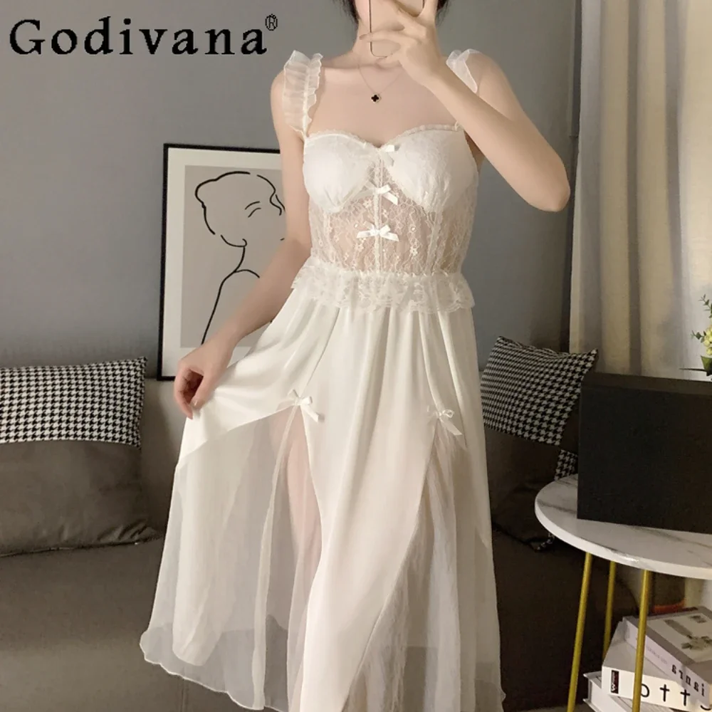 Women's Court Style Pajamas Ice Silk Sleepwear Summer Sexy Suspender Nightdress Lace Princess Nightgowns