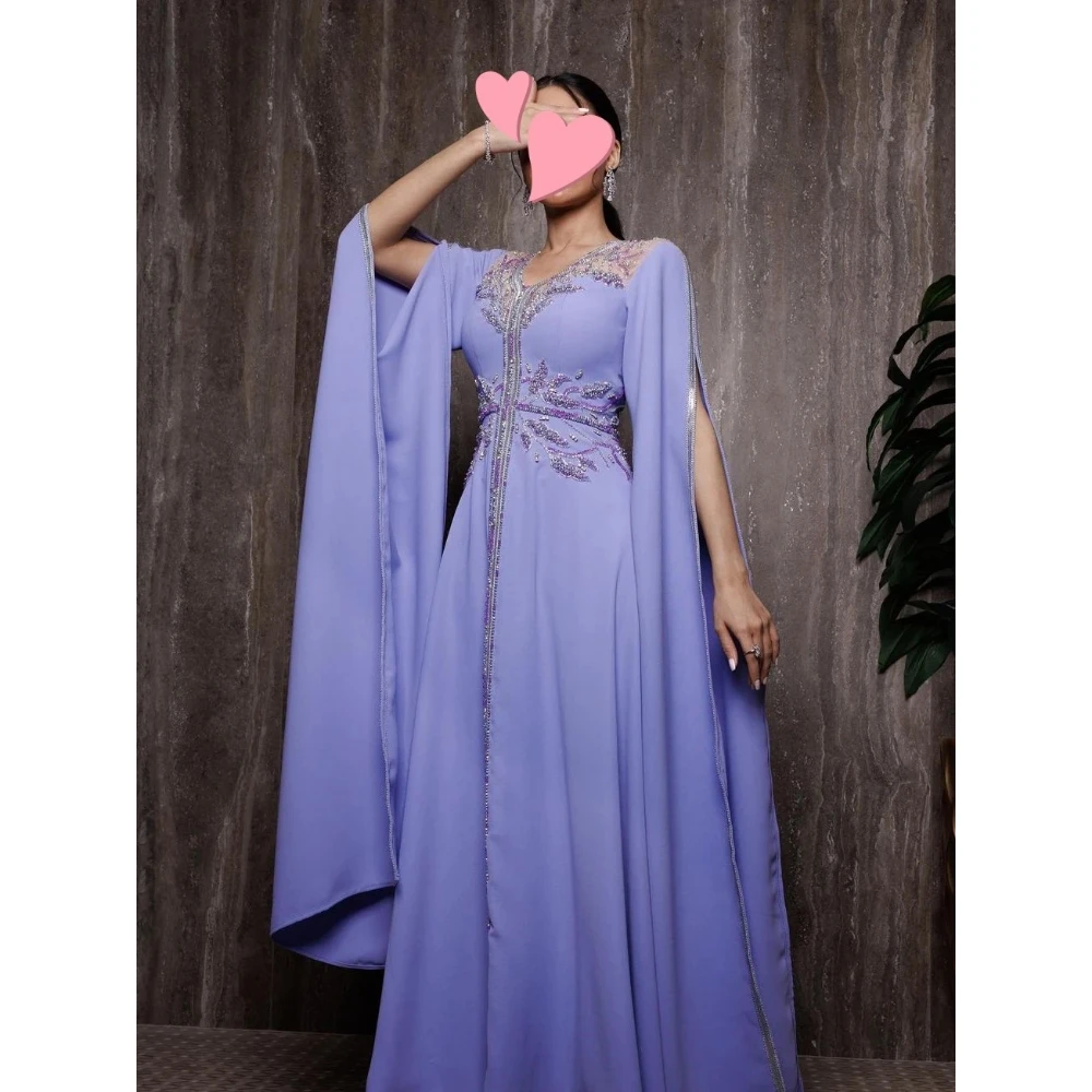 Lavendelfarbenes Abendkleid für Damen, luxuriöses V-Ausschnitt-Kleid mit Perlen und Kristallen, formelles Anlass-Abschlussballkleid, elegantes A-Linien-Kleid für Hochzeiten und Partys