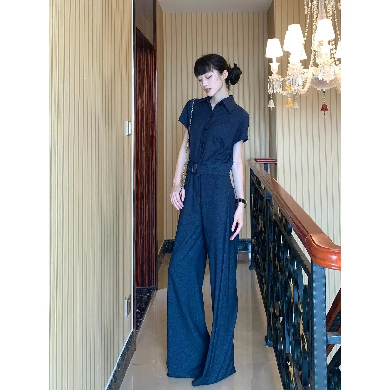 

Teenage Outdoor Trend Navy Blue Single Breasted Lace Up Short Sleeved Jumpsuit Summer Wide Leg Floor Length Casual Pants