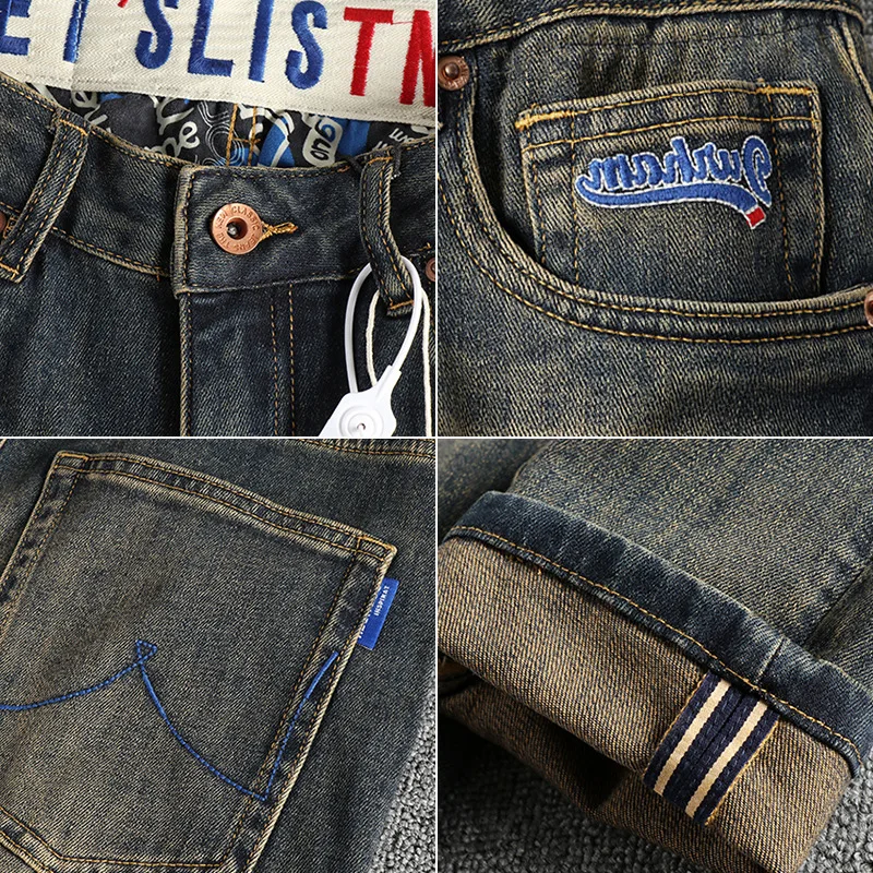 Trendy Retro Yellow Mud Color Washed Worn Jeans Men's Fit Pencil Pants Autumn Versatile 2024 New Long Pants