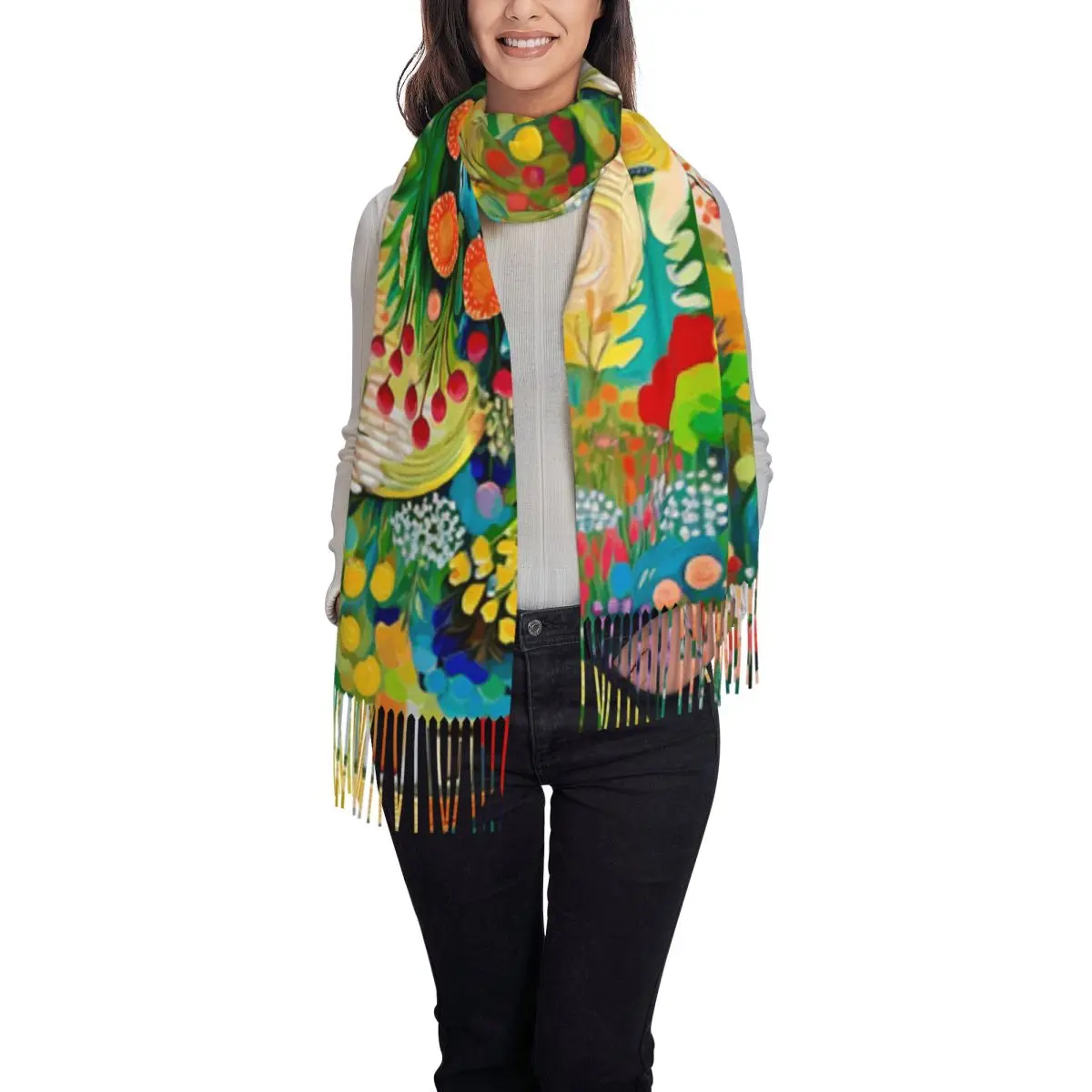 Gustav Klimt Flower Garden With Cottage Scarf Tassel Scarves for Women Soft Warm Shawls and Wraps Large Fall Winter Shawl Wrap