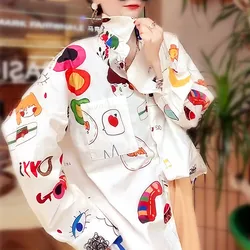 New Loose Shirt Women Turn-Down Cartoon Cute Print Long Sleeve Blouse Casual Feminina Blouses Women Shirts For Young Lady NZ213