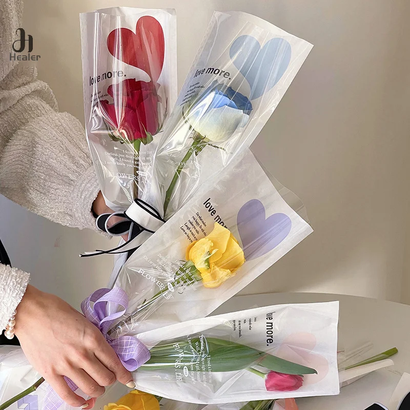 20pcs Single Rose Sleeves Flower Wrapping Bag Bouquet Packaging Bags Clear Cellophane Floral Wrappers For Valentine's Day