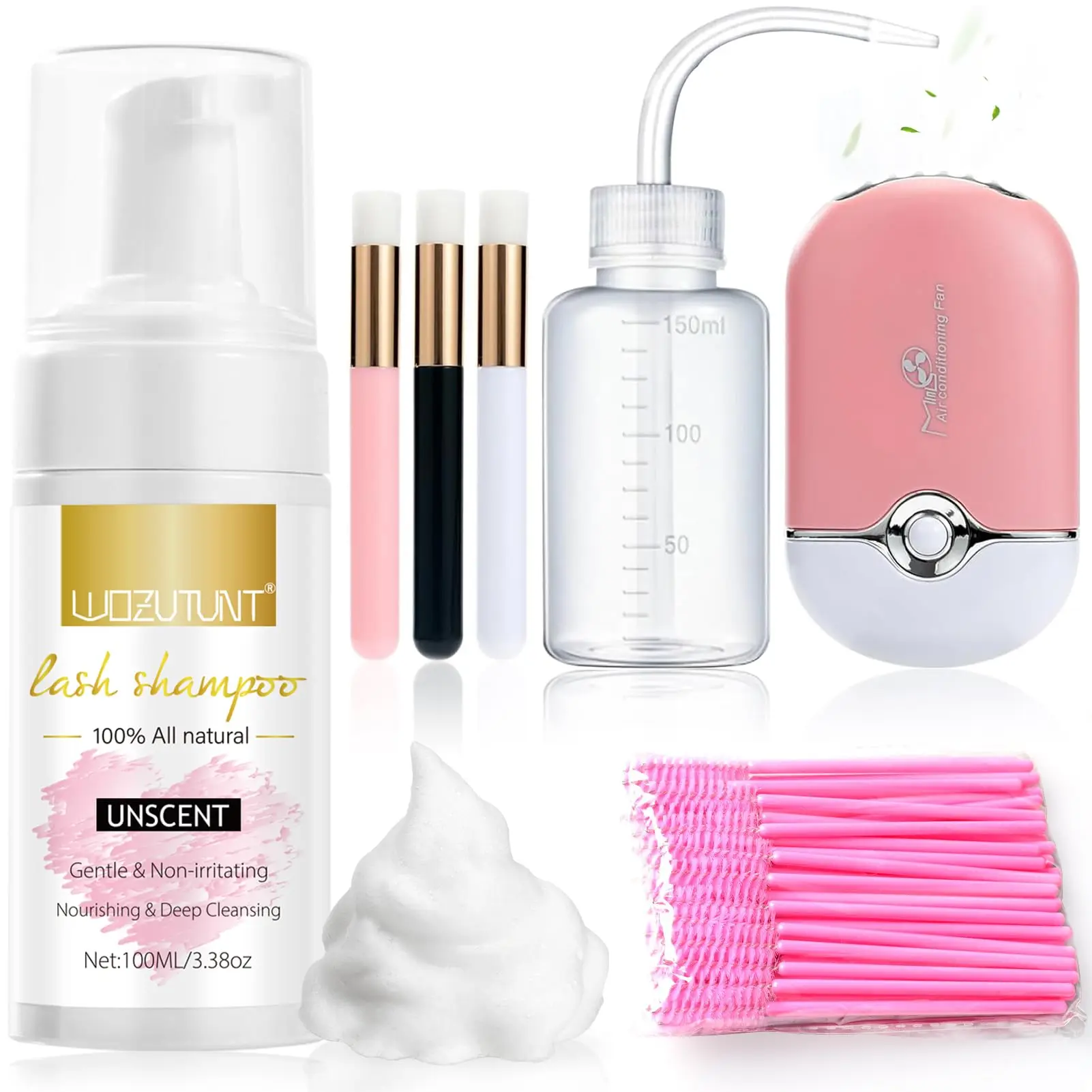 Lash Shampoo Kit for Eyelash Extensions & Natural Lashes - Gentle Unscented Eyelash Extension Cleanser Foam with Dryer Fan, Wash Bottle,Brushes - Sensitive Eye Lash Bath Aftercare Set