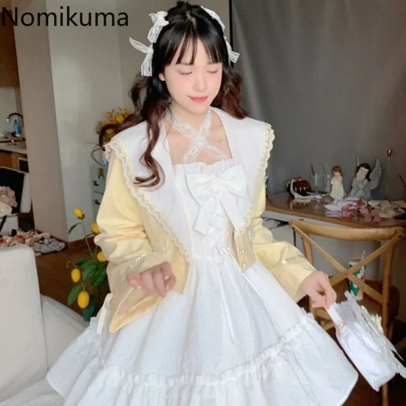 Vestidos de mujer 2025, vestidos de verano bonitos para mujer, estilo Lolita, vestido japonés dulce, vestido blanco con lazo y volantes
