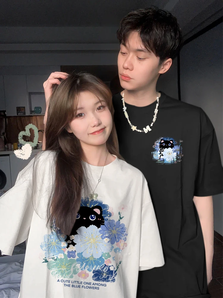 Summer 2025 New Fashion Trend Couple t-shirts Flower Bush Cat Pattern Short Sleeve