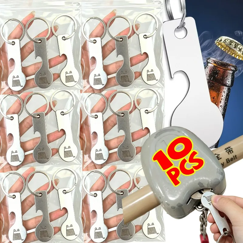 1/10 Stück Einkaufswagen-Chips, kreative multifunktionale Flaschenöffner-Anhänger aus Edelstahl, tragbare Metall-Einkaufswagen-Schlüsselanhänger