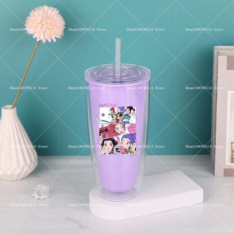 KPop Demon Hunters Tazza d'acqua Anime Trend Bollitore portatile a doppio strato con cannuccia Regalo per brocca in plastica a doppio strato per esterni di grande capacità
