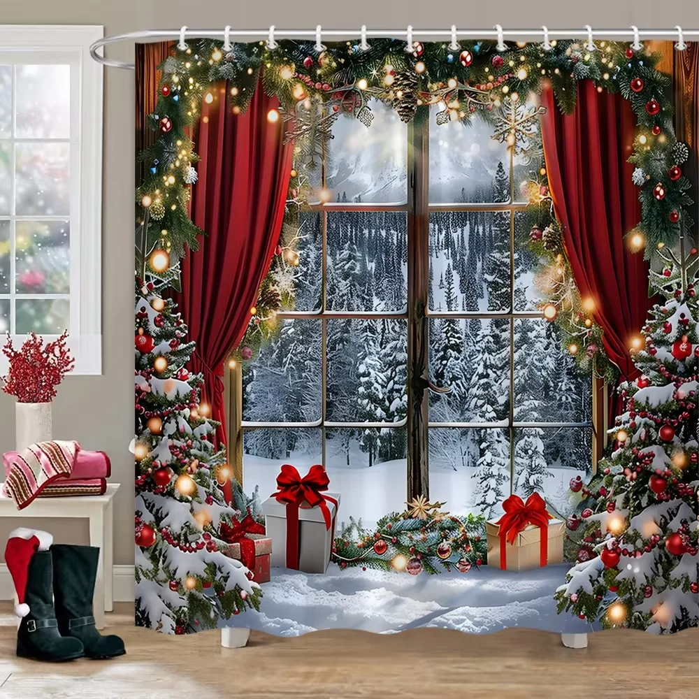 1pc Christmas Tree Wreath Printed Waterproof Shower Curtain Partition privacy Hanging Curtain 12 Hooks Multiple Sizes