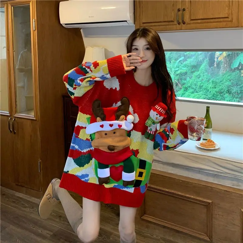 

Christmas Elk Sweater 2024 Autumn And Winter New Women Loose Lazy Wind Retro Niche Long-Sleeved Top