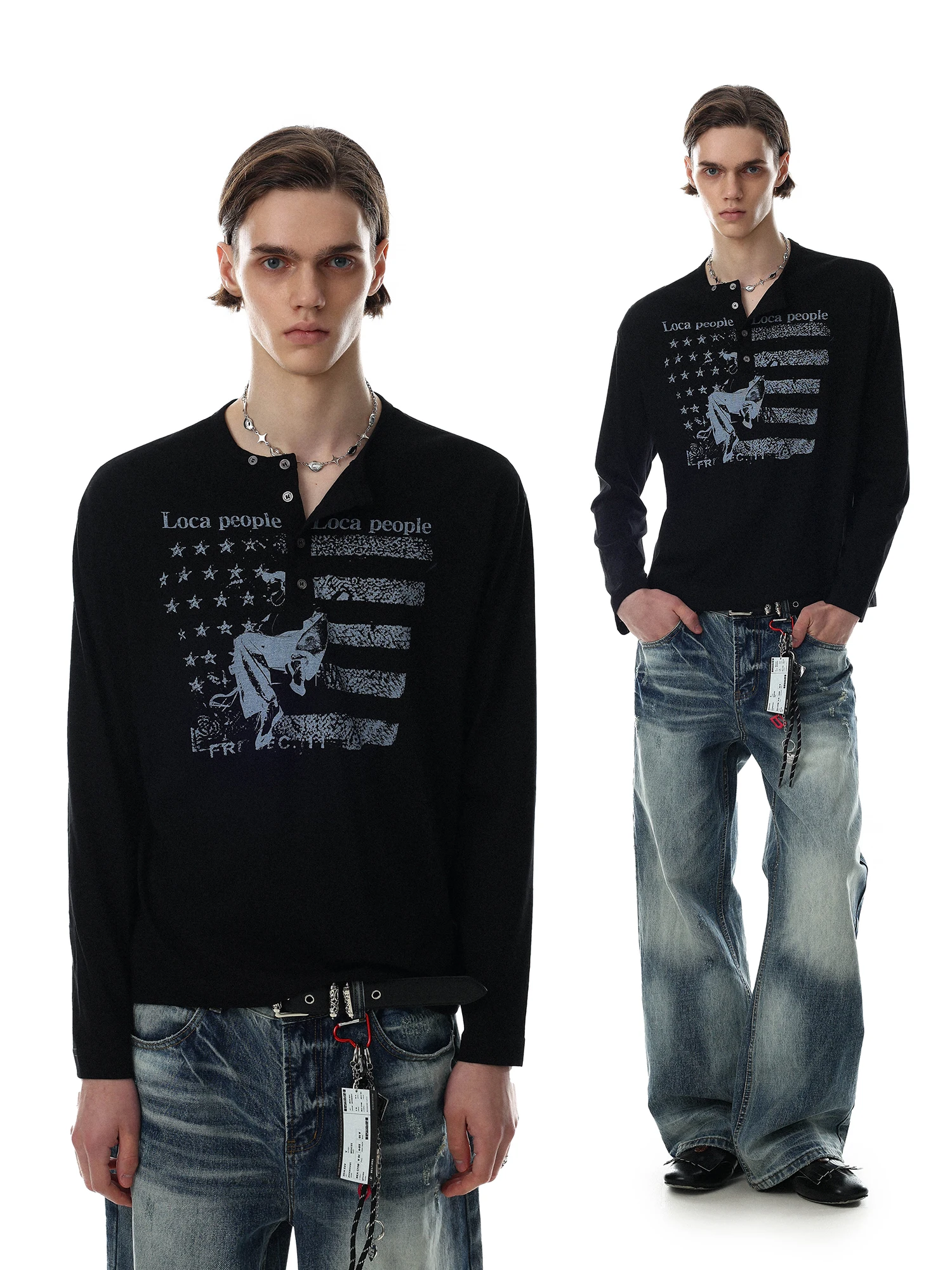 American Retro Long Sleeve T-Shirt Men's Rock Print Henry Collar Top High-End Feeling MR NEARLY Fashion Brand 2026 Trendy