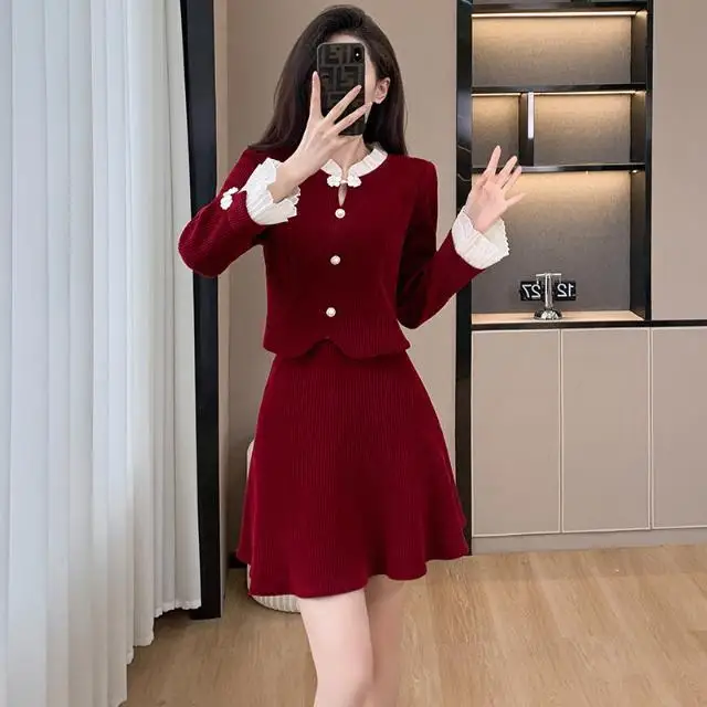 

New Chinese-style Modified Qipao Set for Women, Autumn/winter Sophisticated Corduroy Red Skirt, Two-piece Set Female Office Lady