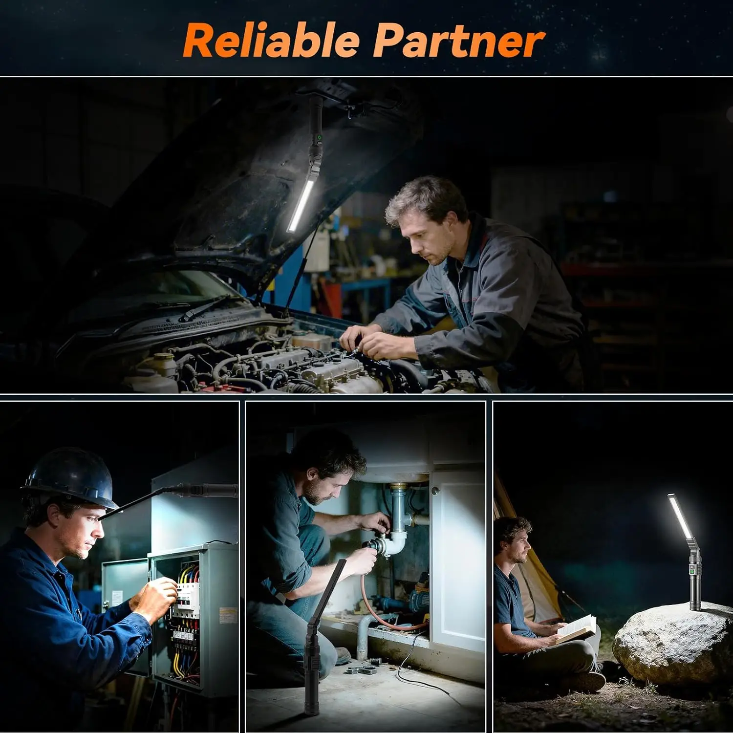 2-Pack Magnetic Work Light, 1500 Lumens Rechargeable, 7 Modes & 360° Rotation for Car Repair