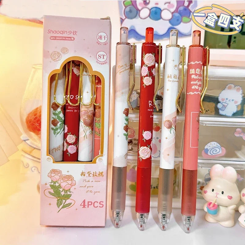 4pcs/box 0.5mm Black Ink Gel Pens Vintage Roses Quick Drying Needle Pens Korean Stationery Cute School Office Writing Supplies