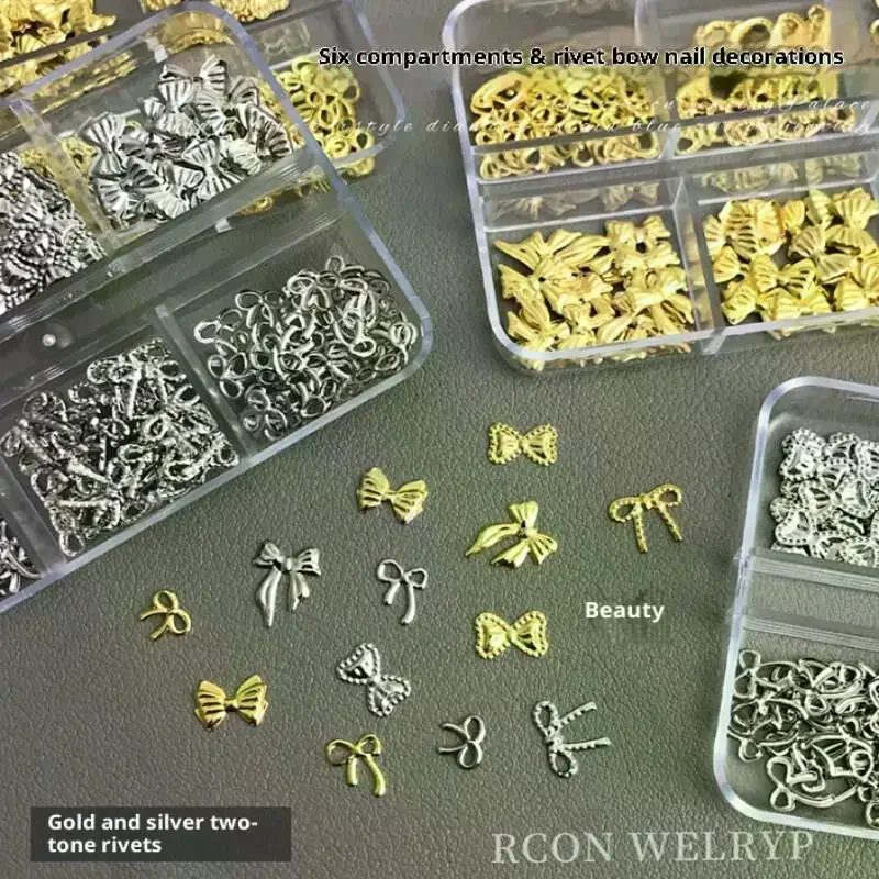 6 rejillas de lazo de Metal para uñas, hoja fina de lentejuelas, diamantes de imitación, decoración artística de uñas dorada y plateada para manicura DIY