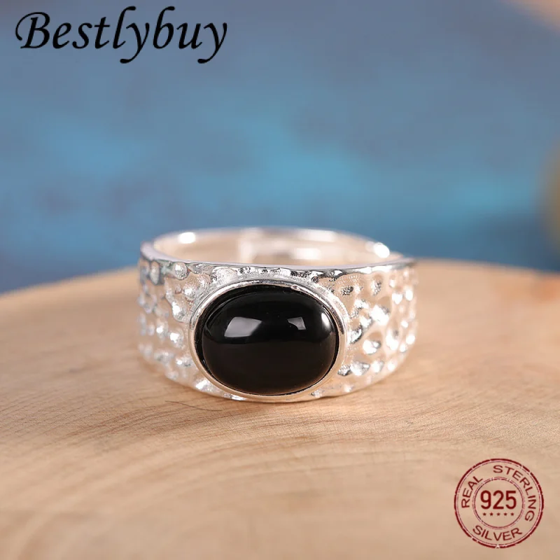 

Authentic S925 Silver Handmade Hammer Patterned Black Agate Wide Ring Women's Retro Fashion High-end Jewelry