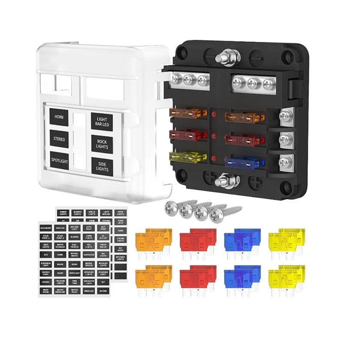 MARINE 6 WAY FUSE BLOCK, 1 IN 6 OUT SCREW TERMINAL FUSE BOX WITH POSITIVE & NEGATIVE TERMINALS AND LED INDICATOR FOR BOAT YACHT
