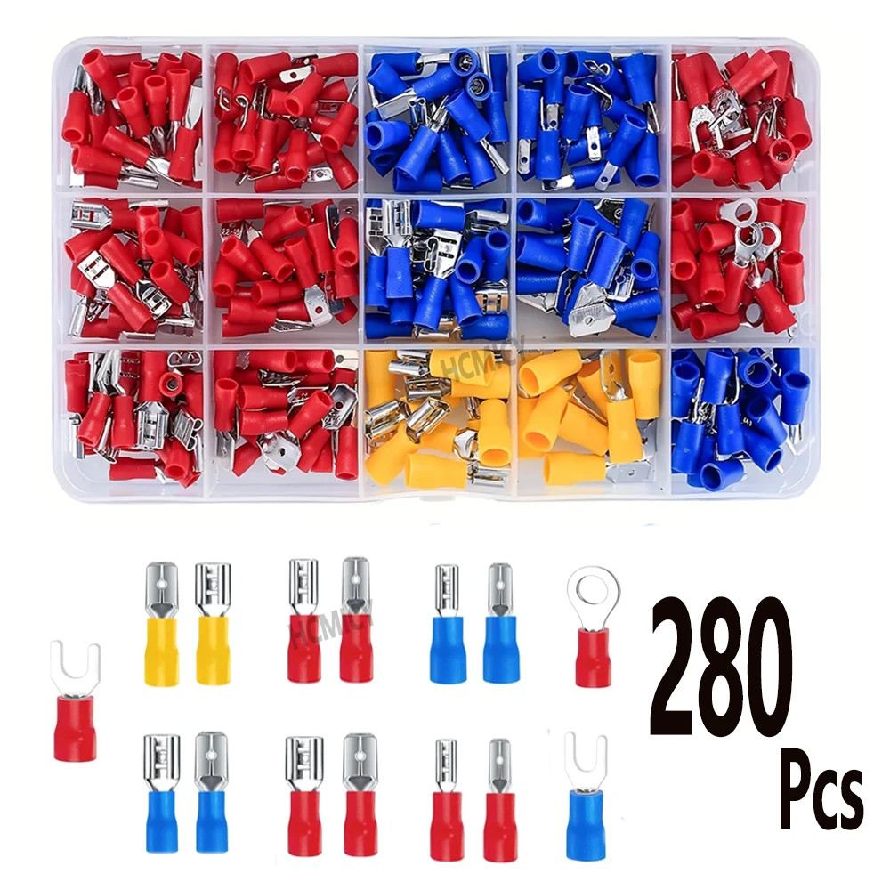 

280 pcsTerminal Red Blue Yellow Female Male Spade Insulated Electrical Crimp Terminal Connectors Wiring Cable Plug Connector Kit