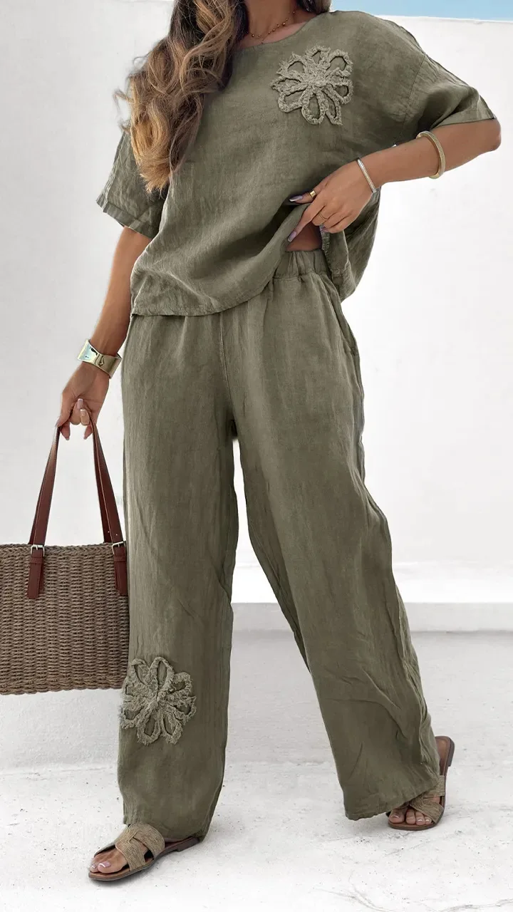 2026 Sommer Damen Besticktes 2-Teiliges Set O-Ausschnitt Kurzarm-Oberteil Hochgeschnittene Weite Hose Übergröße Lässige Tägliche Streetwear – Detail 4