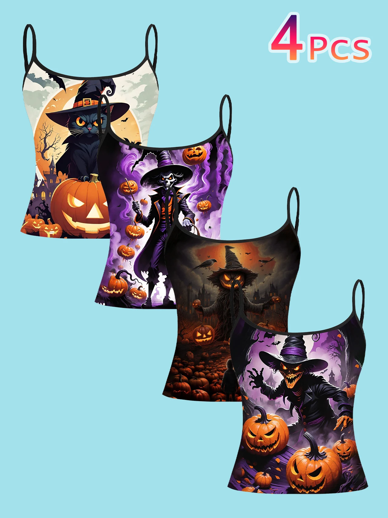 4-Piece Set of Halloween Witch Black Cat Women's Camisoles, Full Moon Castle Pumpkin Scarecrow Purple Smoke Dark Print Slim-Fit Spaghetti Strap Short Camisole Tops