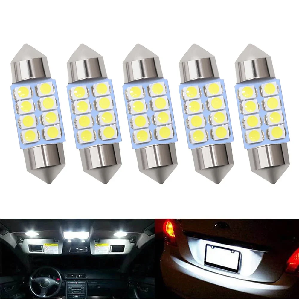 

5Pcs Car T10 Led Light 3528 1210 White 8SMD Domed Interior Bulb 31mm 39mm 41mm Trunk DC 12V Reading Equipment Indicator Signal