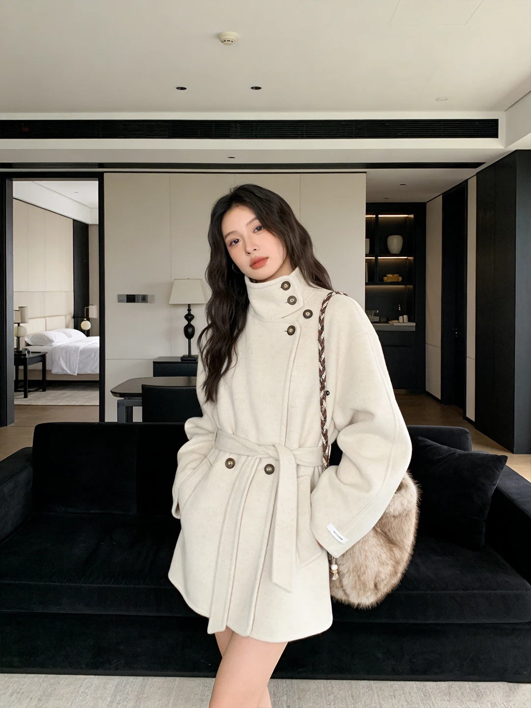 

Весеннее повседневное шерстяное пальто средней длины с воротником в корейском стиле, универсальная ветровка, нежный открытый кардиган для женщин