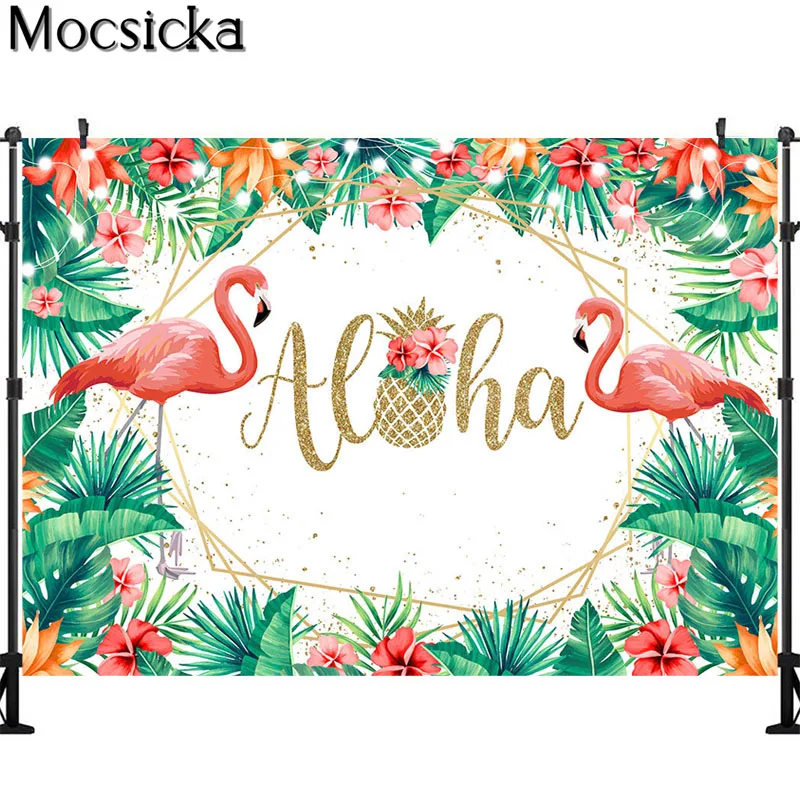 Фон для фотосъемки с изображением красного фламинго, тропических зеленых листьев, цветов, торта, стола, Декор, баннеры