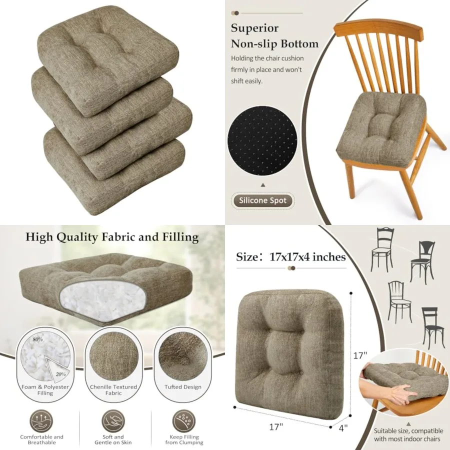 

Chair Cushions for Dining Chairs 4 Pack, Tufted Indoor Chair Pads with Non-Slip Bottom, U-Shaped Kitchen Chair Cushions, 17"x17"x4", Khaki
