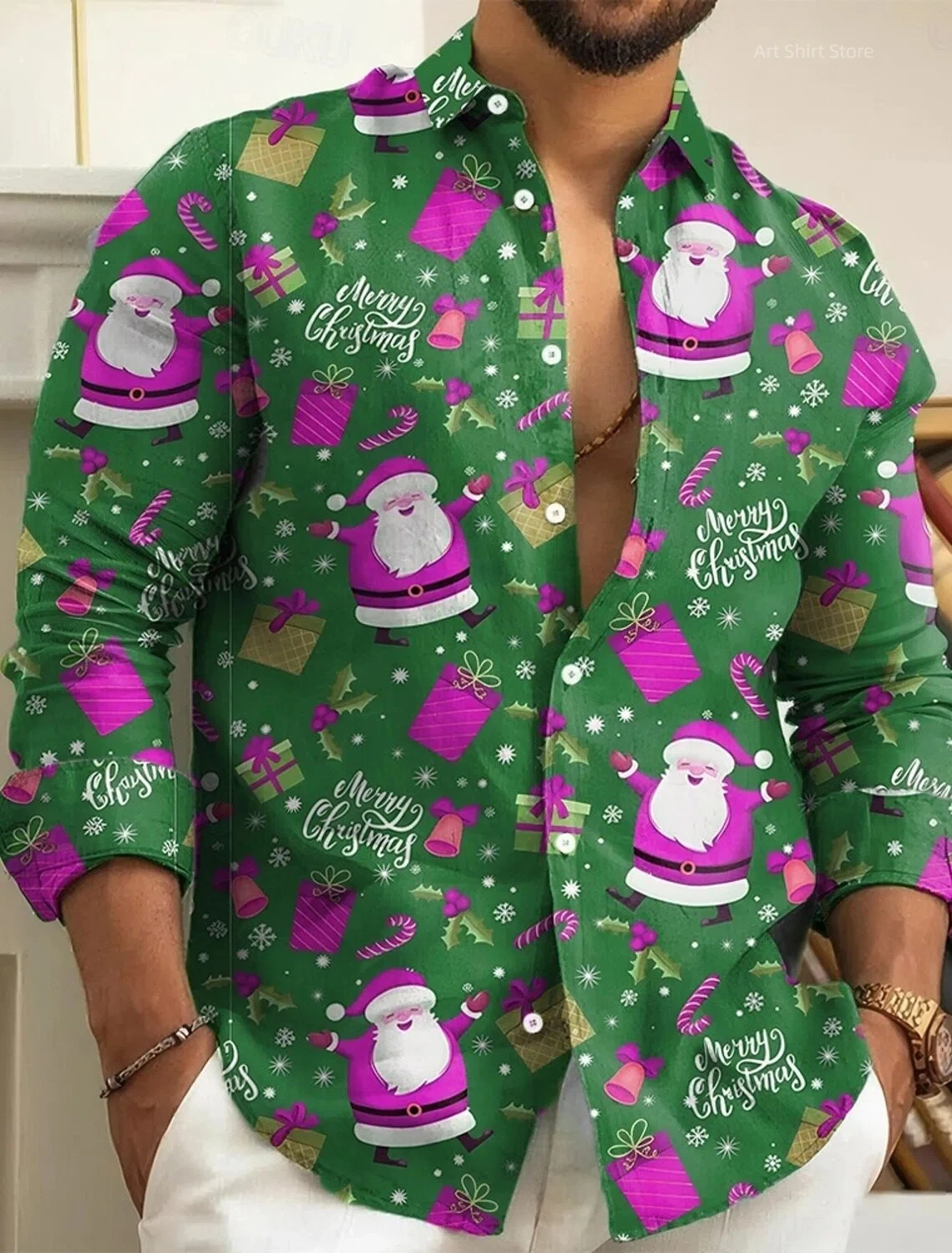 

2025 Men's Fashion Santa Claus Fun Christmas Gift Shirt Long Sleeve Button Linen Top 3D Printed Collar Linen Shirt