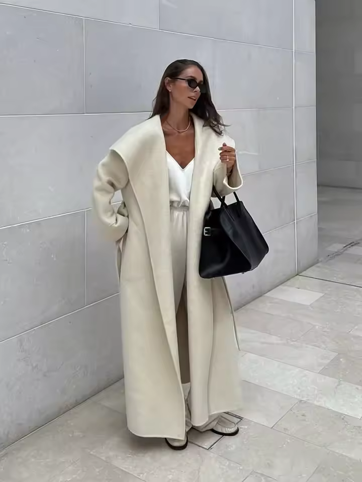 Navy collar woolen long coat front view