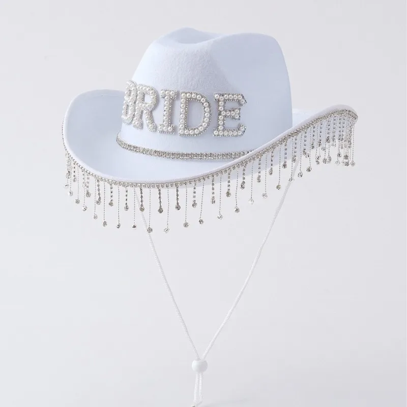 Rhinestone Metal Tassel Letter BRIDE Bridal Top Hat Women's Headwear for Evening Dinner Wedding Party