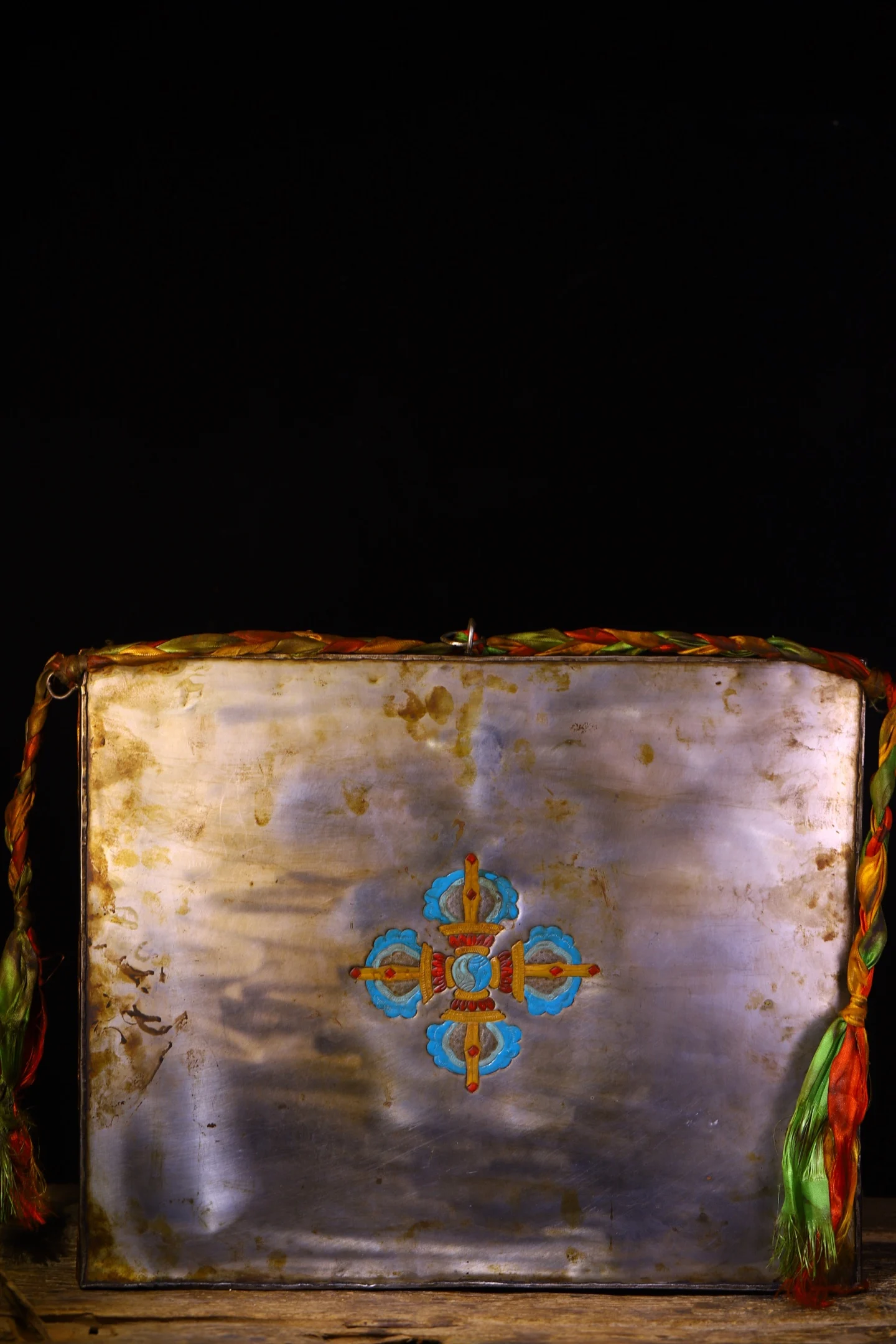 Old Tiantie Painted Mosaic Gem gZi Beads Turquoise Black Jambhala Thangka Amulet Hanging Panel