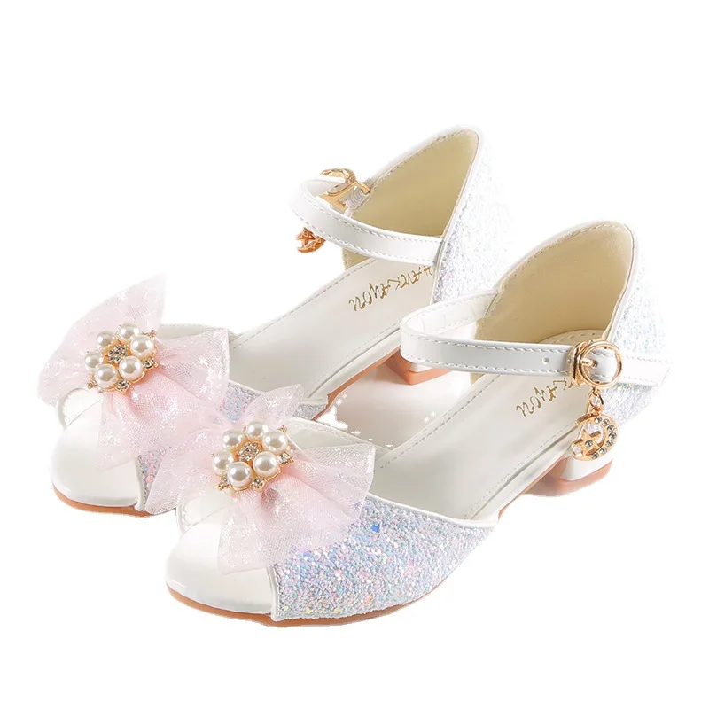 Fee Wind Mädchen Lederschuhe Kinder High Heels weiße Mädchen Sandlas Blumen perlen Bowknot Schüler Party Kleid Schuhe