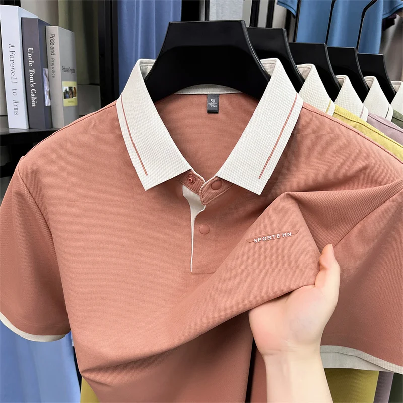Luxury brand ice silk short sleeve polo shirt new fashion letter embossed men's color blocked lapel summer breathable T-shirt