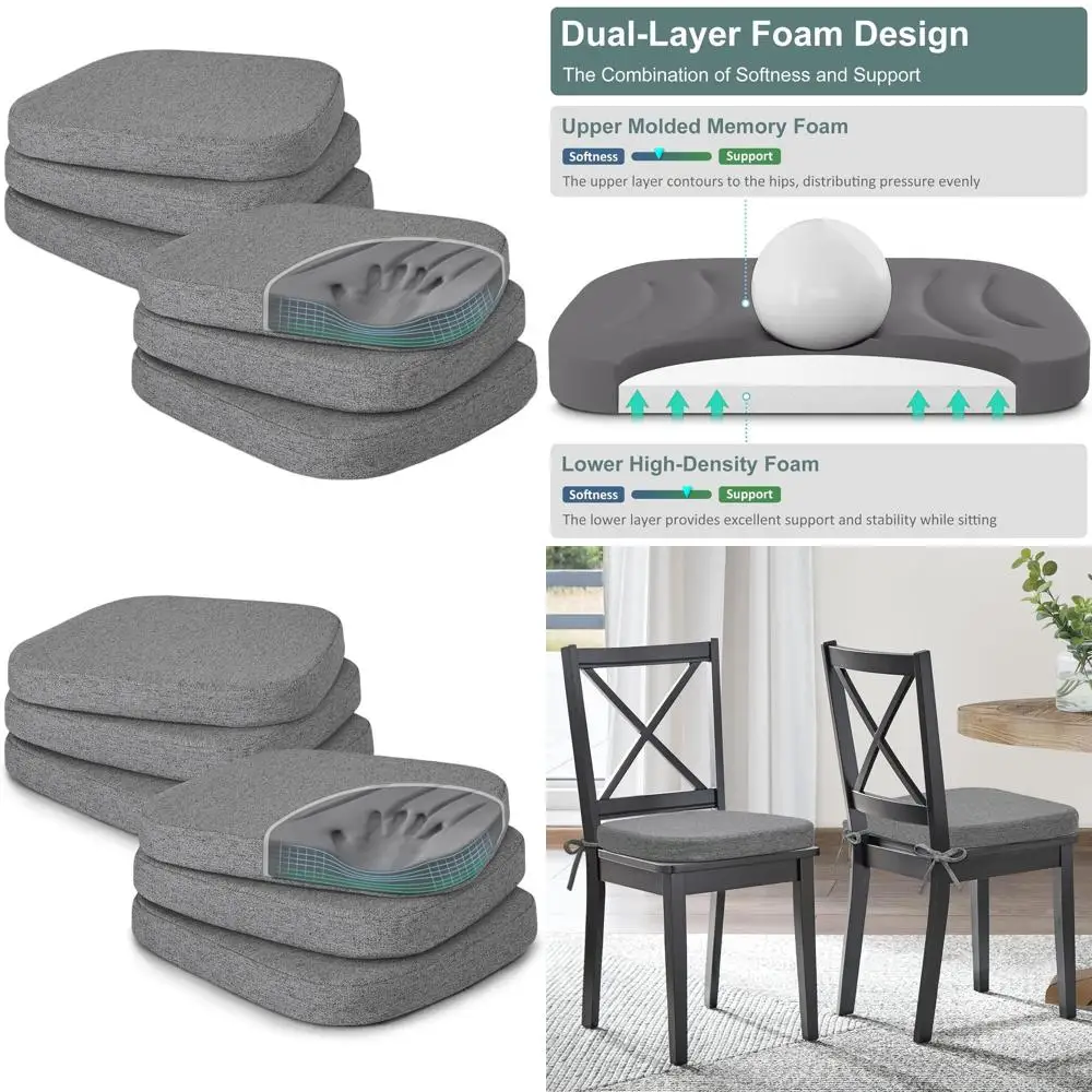 

Set of 6 Memory Foam Kitchen Chair Cushions with Washable Covers, Ties Included, 17x16x2 inches, Dark Grey