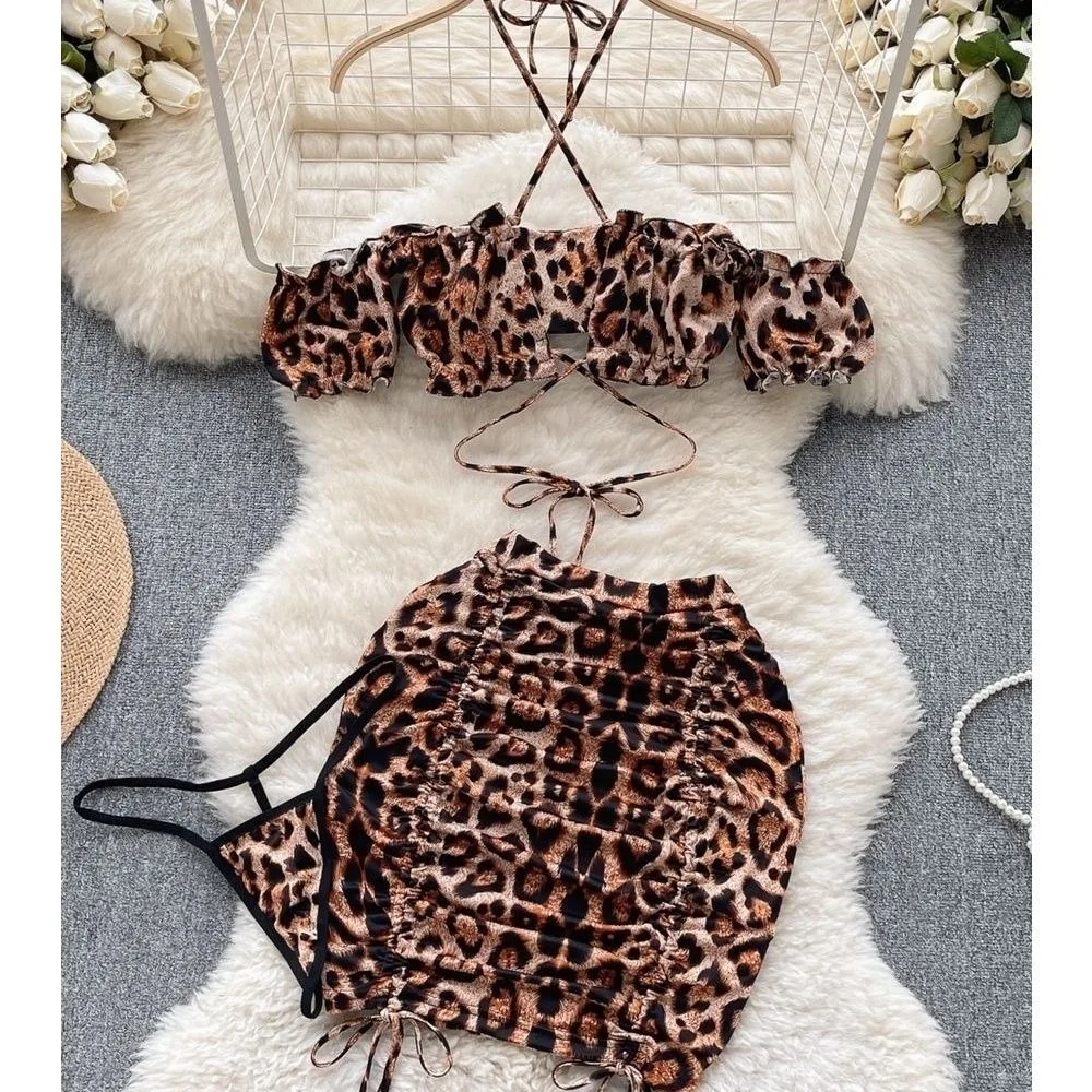 Women 3 Pieces Leopard Print Swimsuit Off Shoulder Halter Bikini Set With Skirt Wrap Tie Side Bathing Suit Beachwear