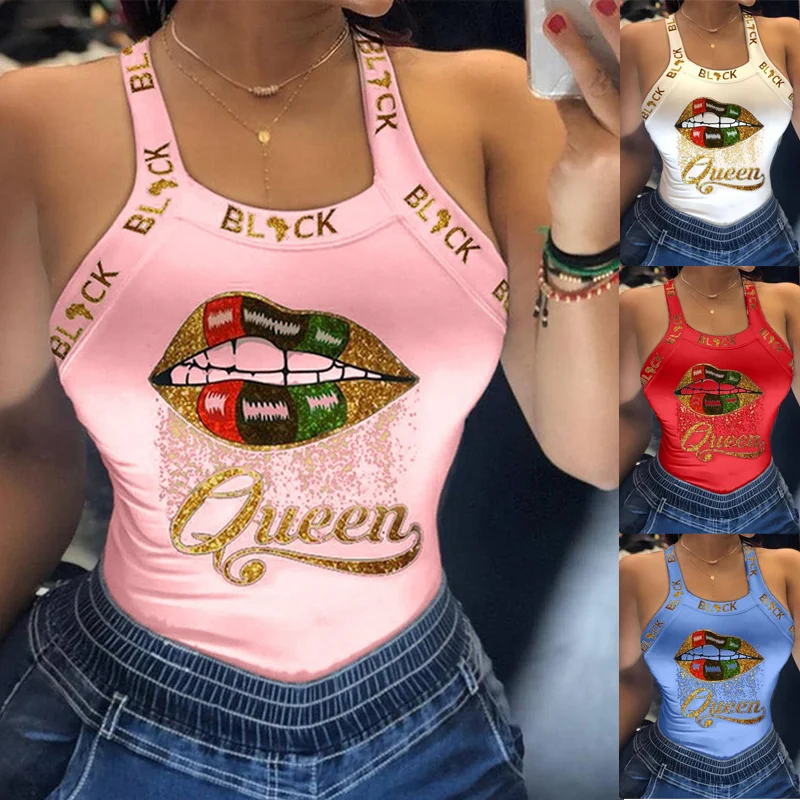 

New Fashion Summer Ladies Harajuku Shirts Slim Fit Polyester Sleeveless Top Tshirt Tank Tops Women U Neck Letter Print Lips Vest