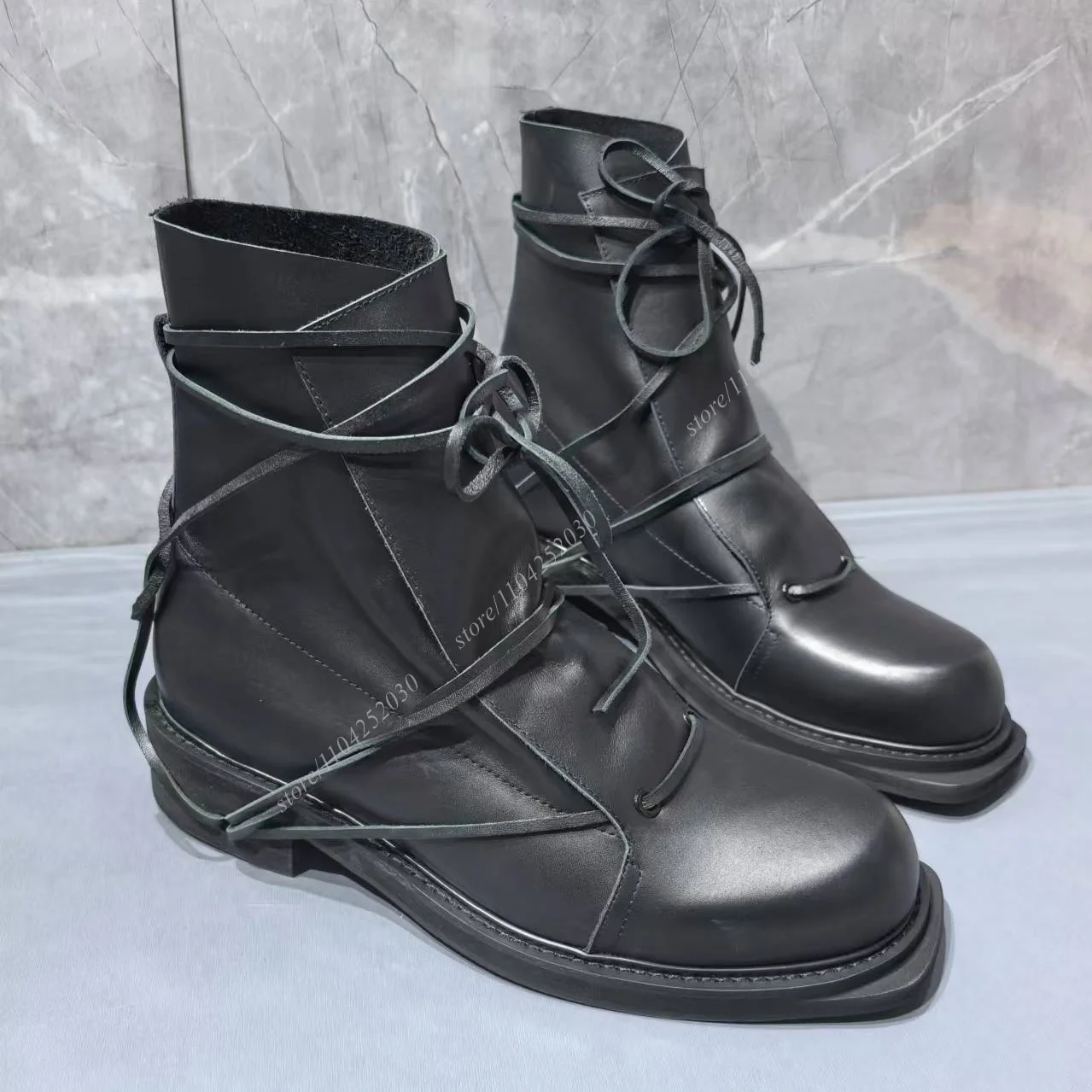 

Black Leather Cross Strap Outdoor Work Boots Sports Running Fashion Casual Square Toe Ankle Sneakers Spring Party Luxury Shoes