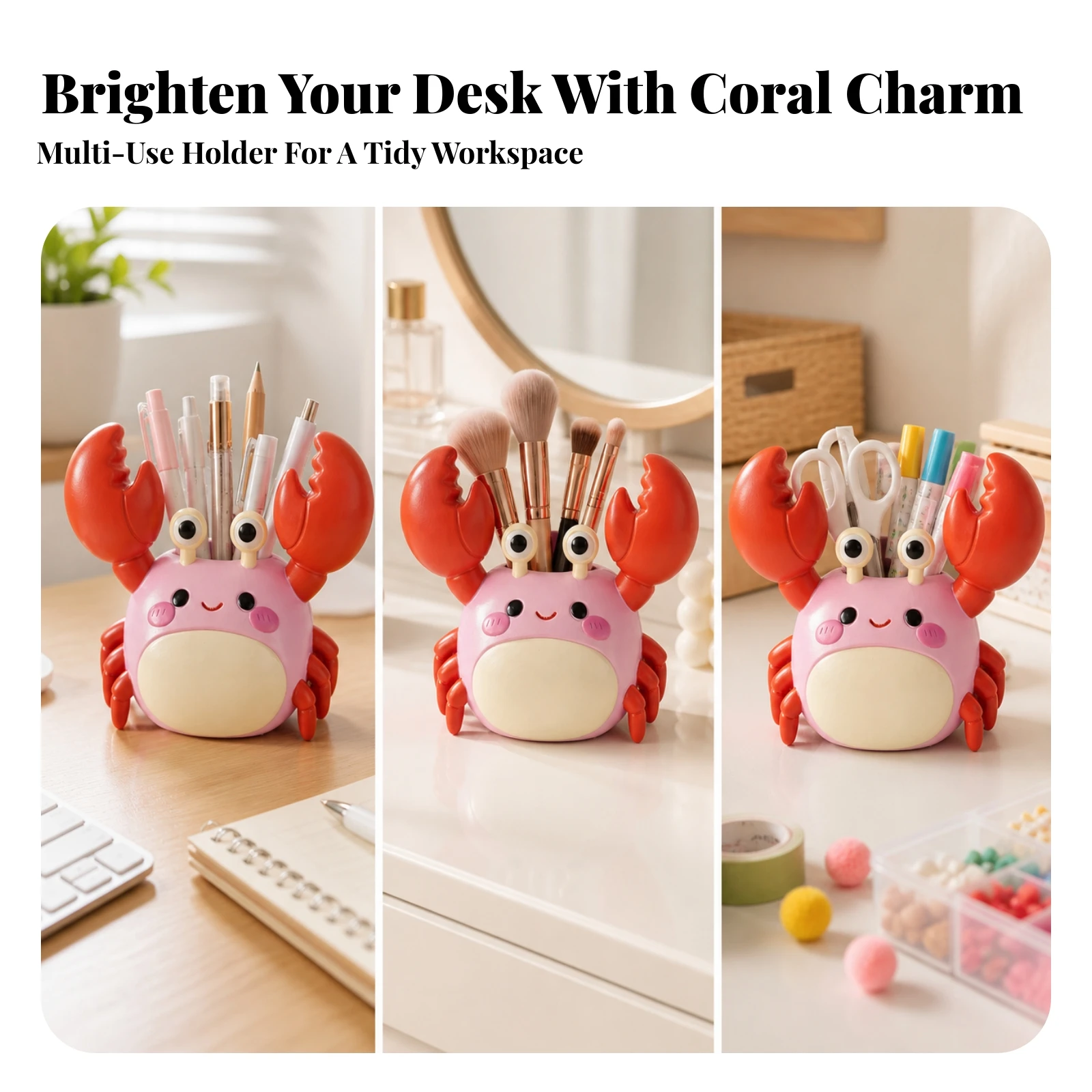 Resin Crab Desktop Organizer Cute Crab-Shaped Pen Holder Desk Supplies Holder Space-Saving Storage Rack Unique for Office, Study