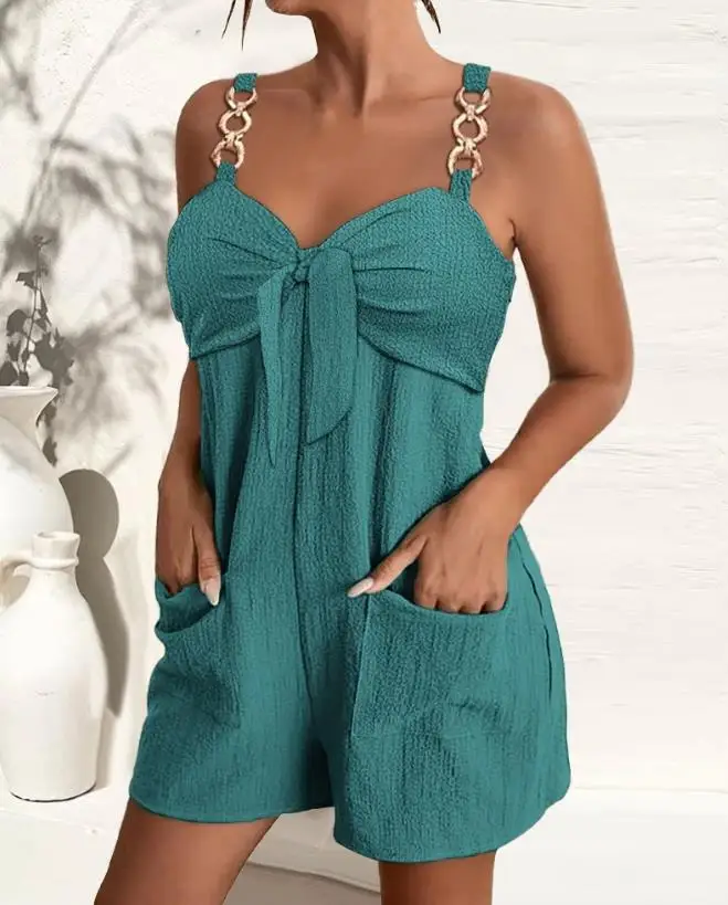 

New Fashion 2024 Summer Casual Sexy Jumpsuits Elegant Chain Strap Pocket Design Knotted Casual Romper One Pieces