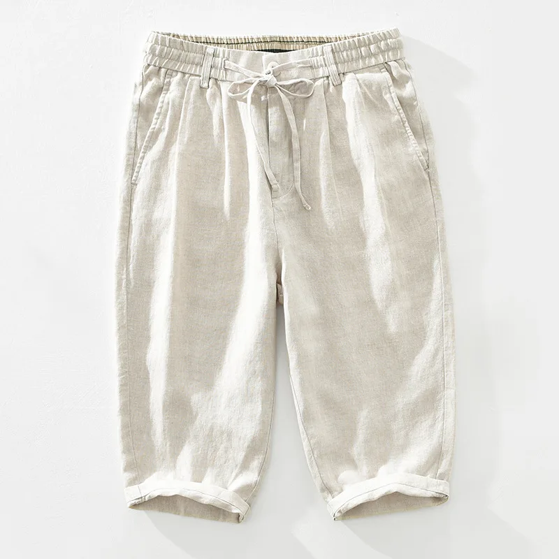 Men's linen casual pants, drawstring elastic waist, loose and breathable linen capri pants