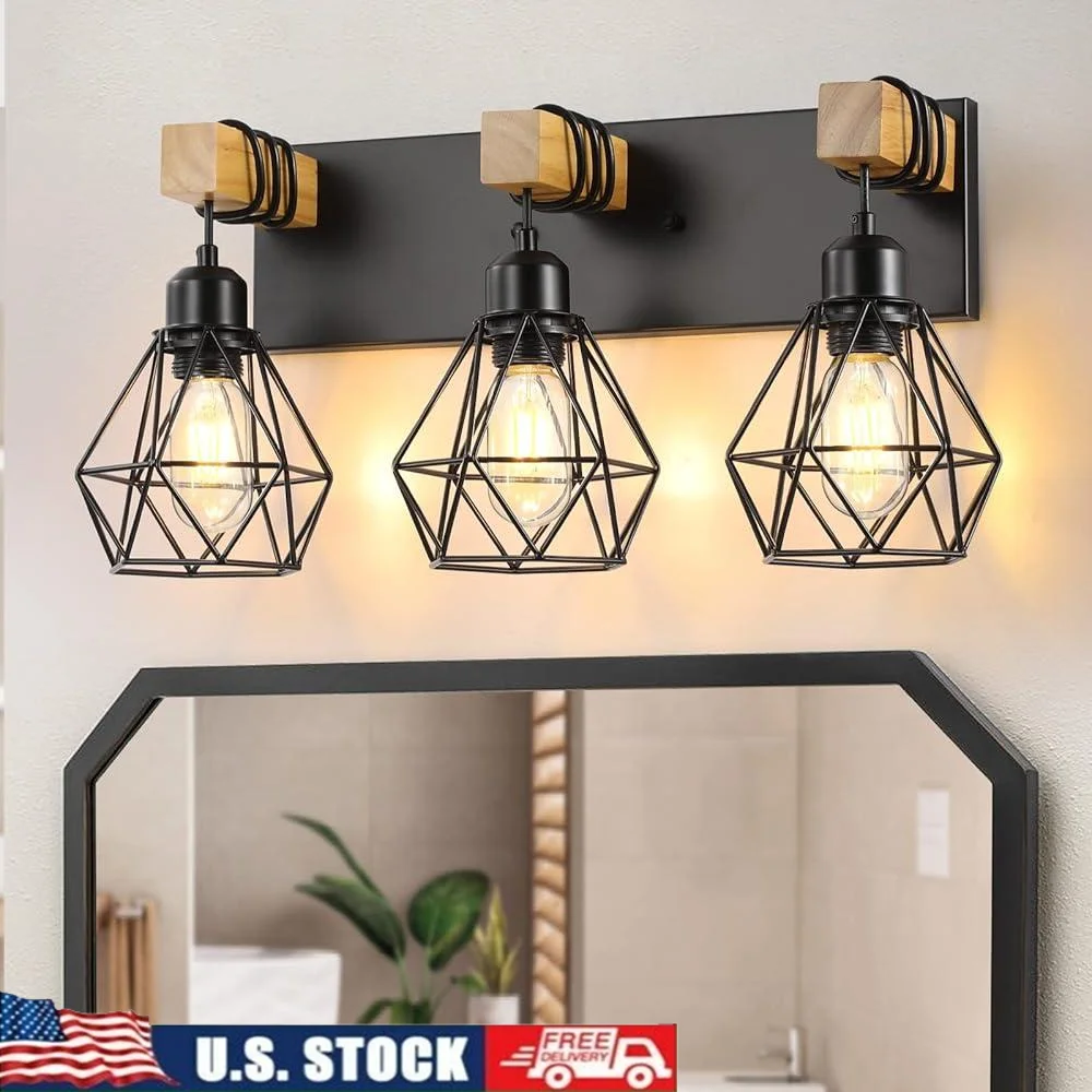 

Farmhouse Bathroom Vanity Light Fixtures 3-Light Wood Metal Sconces Over Mirror Rustic Wall Lighting Durable Elegant Design