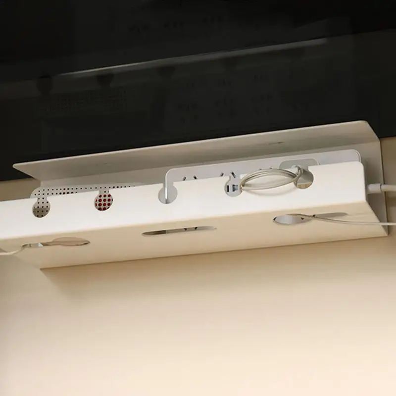 Sob a Mesa Cable Management Box, auto-adesivo, projeto perfurado, Hider Cable para Casa, Wire & Cord Organizer